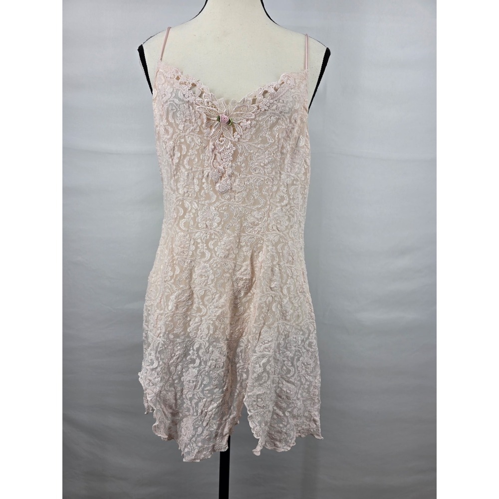 Vintage Inner Most Sears Pink Floral Lace Chemise Nightgown XL Rosette Detail